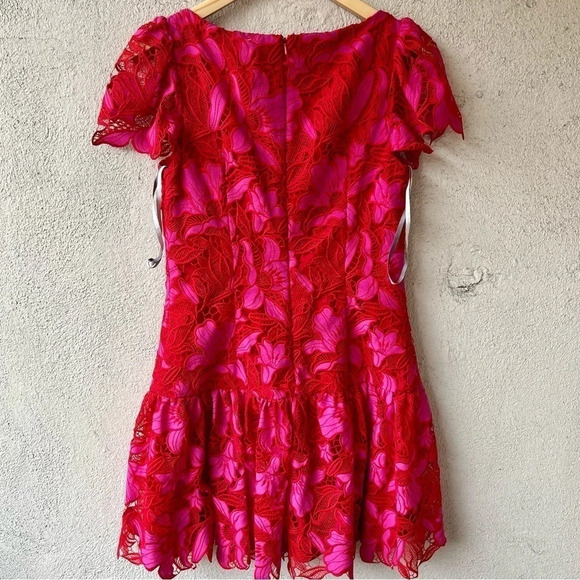 Monique Lhuillier Flutter Sleeve Guipure Lace Mini Dress Pink Size 6 - Picture 8 of 10